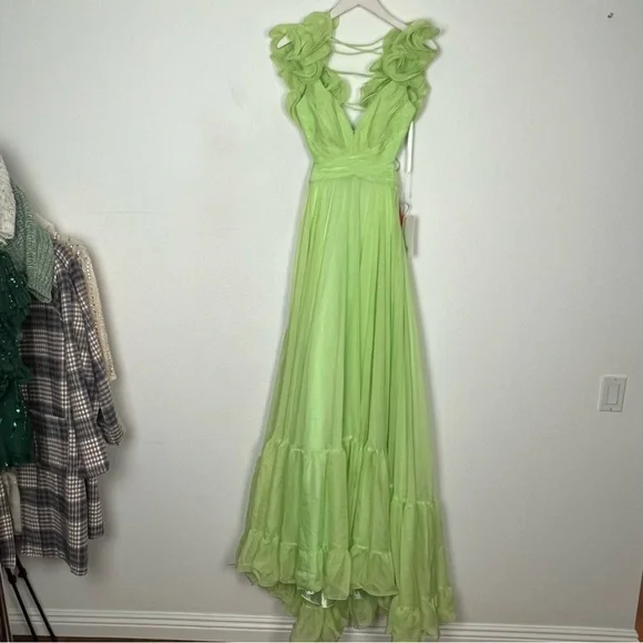 NEW Mac Duggal Indy Ruffle Tiered Cutout Chiffon Gown Mint Green Maxi Dress 4 - Picture 4 of 15